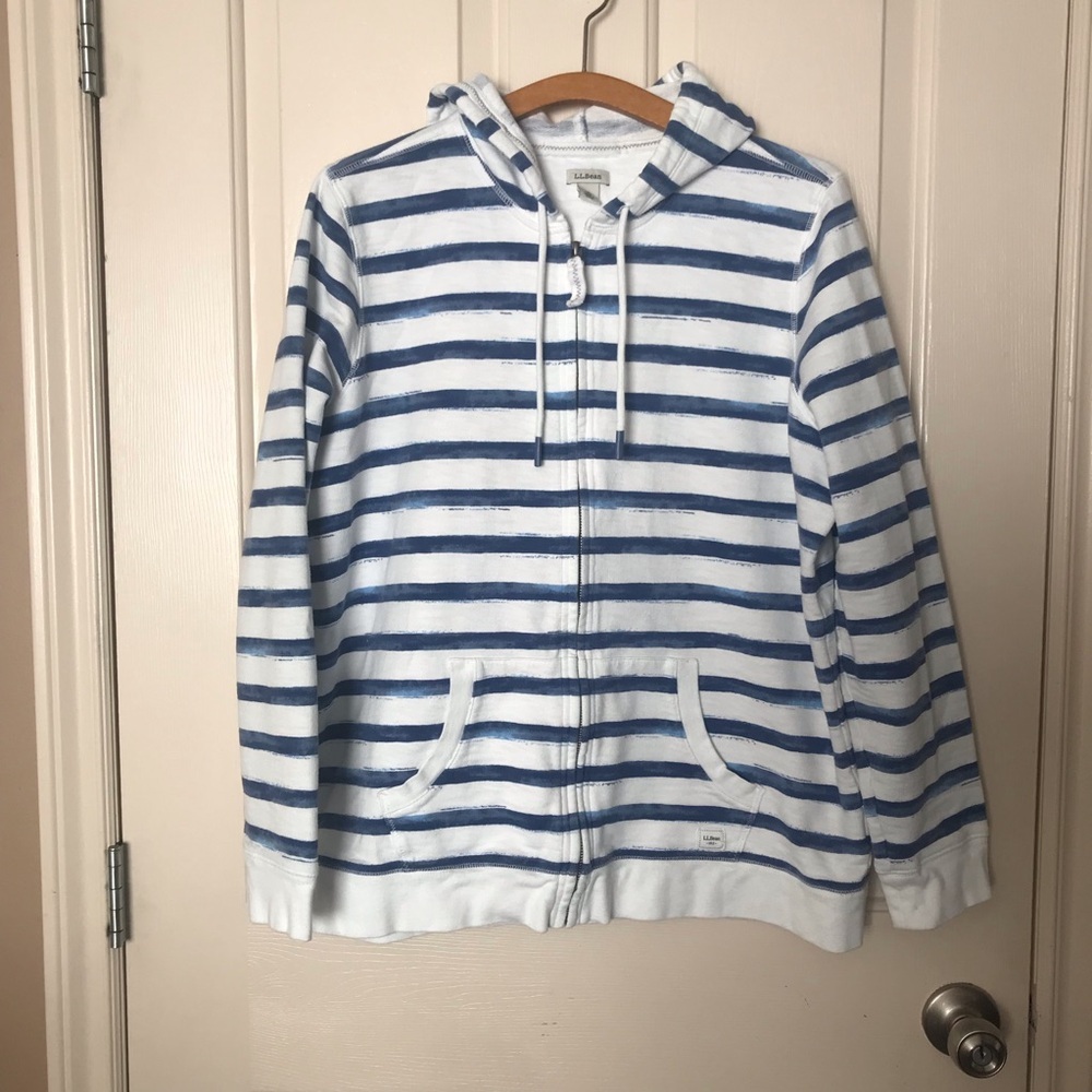L.L. Bean Organic Cotton Blue and White Striped Hoodie Nautical Style Size XL